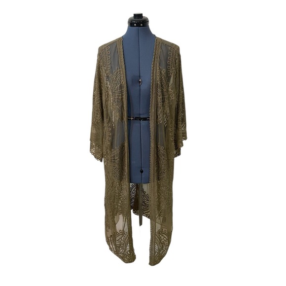Sonoma Green Embroidered Mesh Lace Sheer Kimono Duster Cover Up Boho Fairy 3XL-4 - Picture 2 of 11